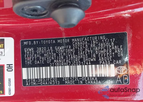 2018 Toyota Corolla Se from USA, damaged, VIN 2T1BURHE7JC021744